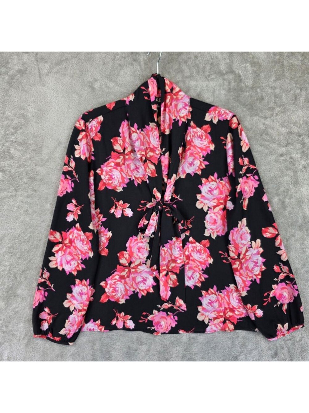 J.Crew Blouse Womens M Black V Neck Long Sleeve Tie Front Floral Print Boho Top